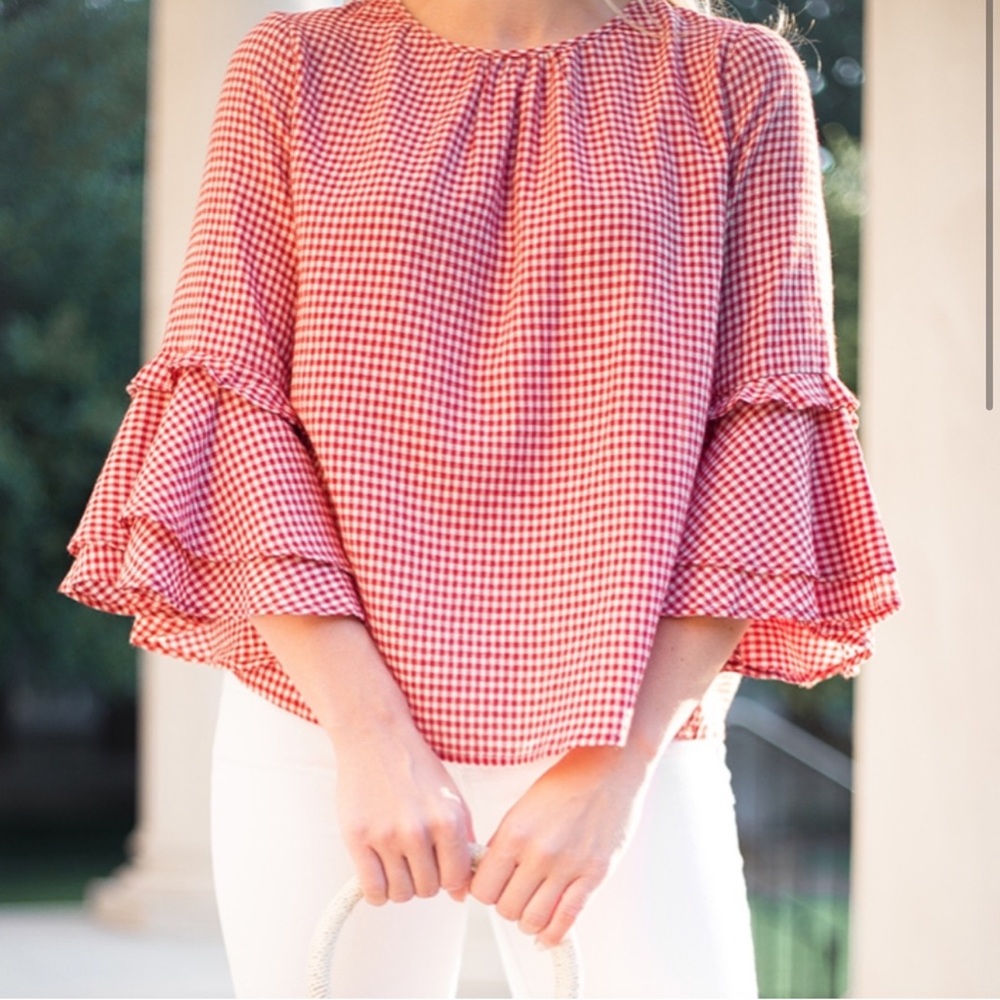 NWT Good Luck Gem Red gingham Bell Sleeve Swing Top Small